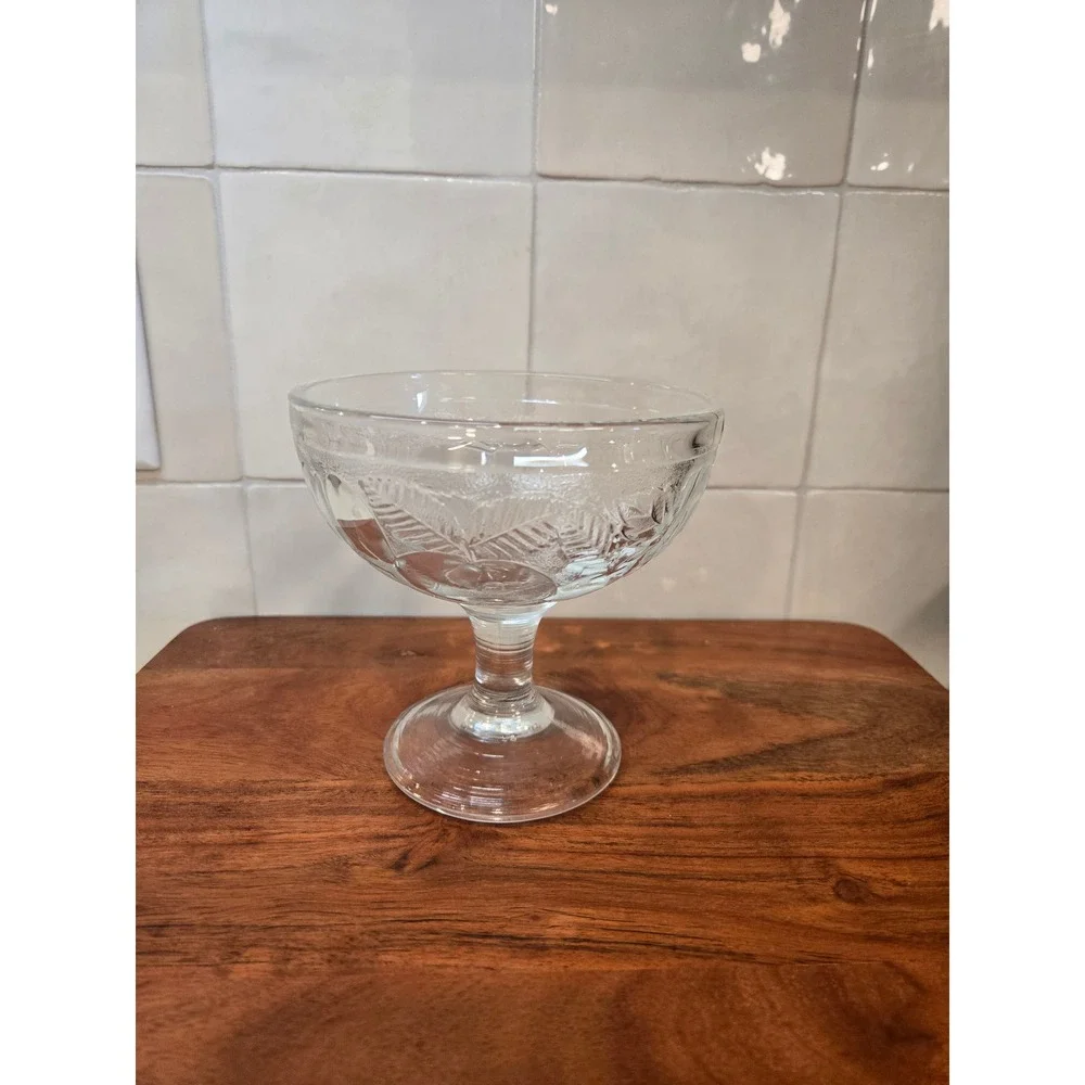 Vintage French Clear Pressed Glass Footed Dessert Coupe Embossed Leaf Berry Bowl